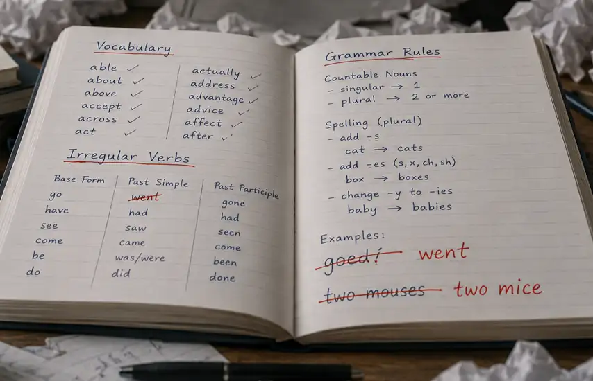 Child playing with letters while an adult studies a grammar book