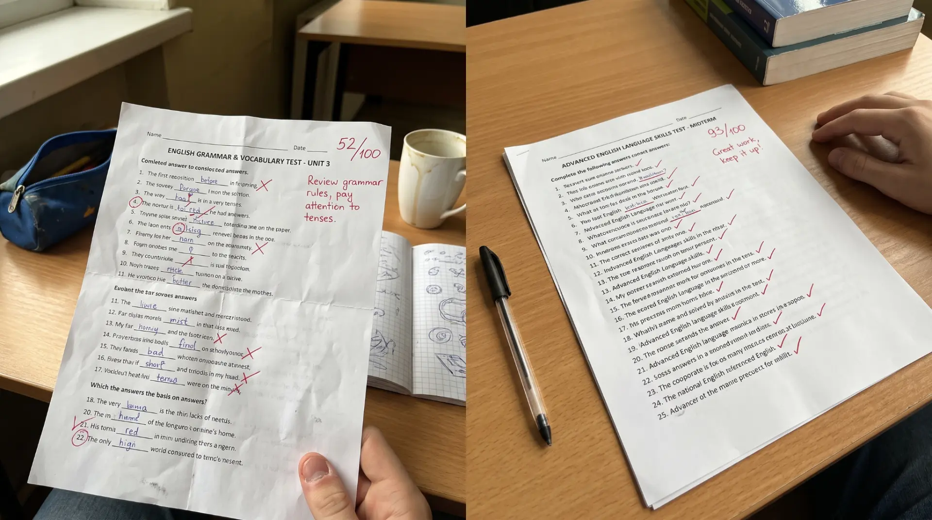 Test papers comparing a low score with a high score after learning