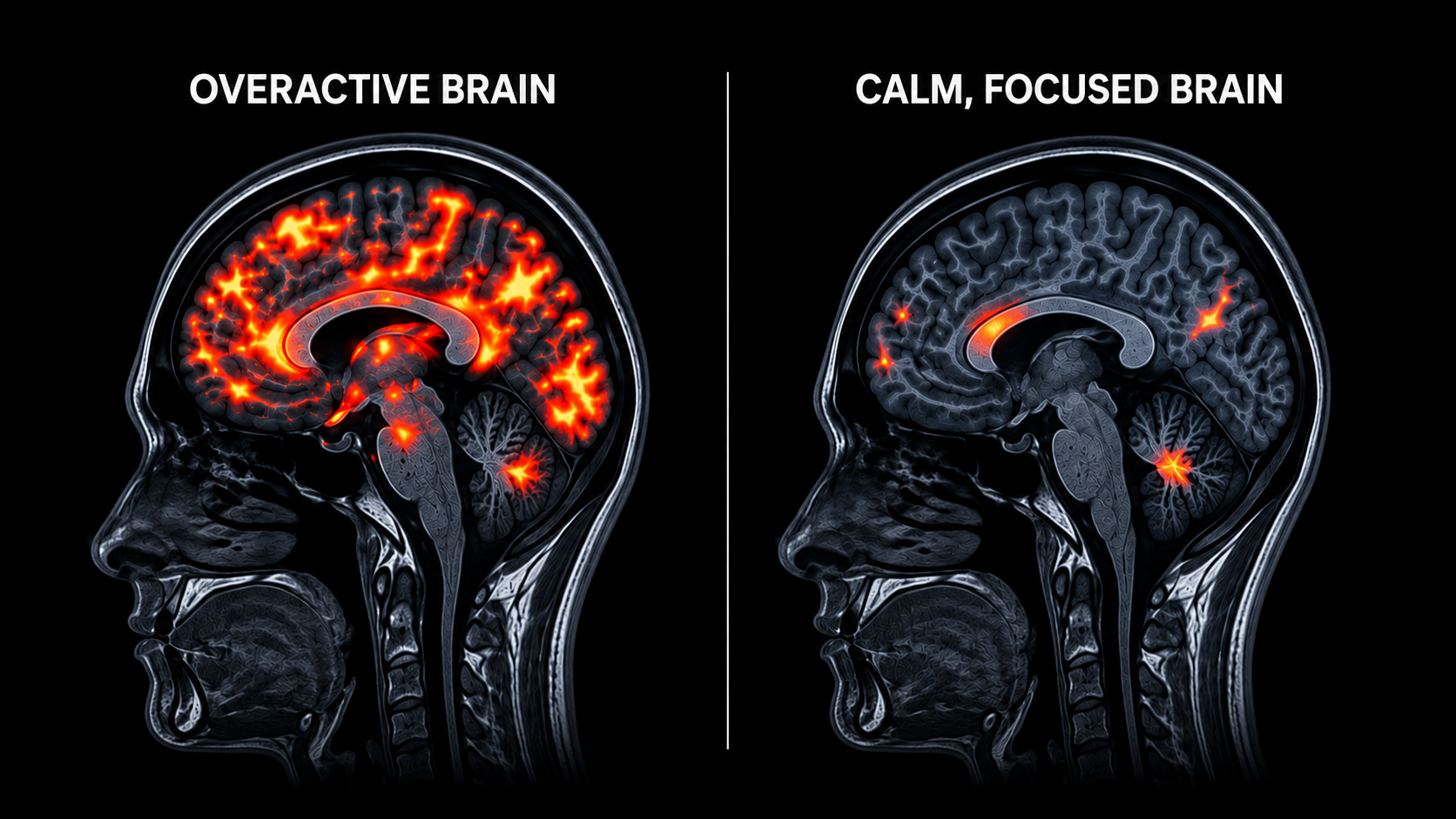 Brain scans comparing an overactive brain with a calm, focused brain